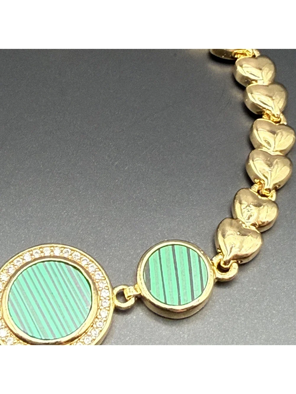 candy+clover Green Striped Enamel Cabochon Gold Heart Link Bracelet